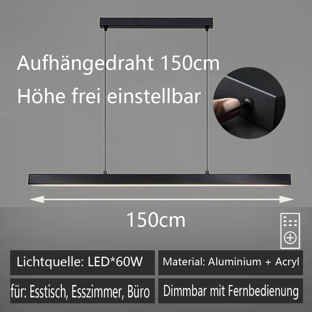 dimmbare LED Pendelleuchte schwarz Moderne Hängeleuchte mit Fernbedienung Pendellampe linear Design höhenverstellbar Kronleuchter Lampe für Esstisch Esszimmer Sekretariat Küche Leuchte (L150cm/60W) …