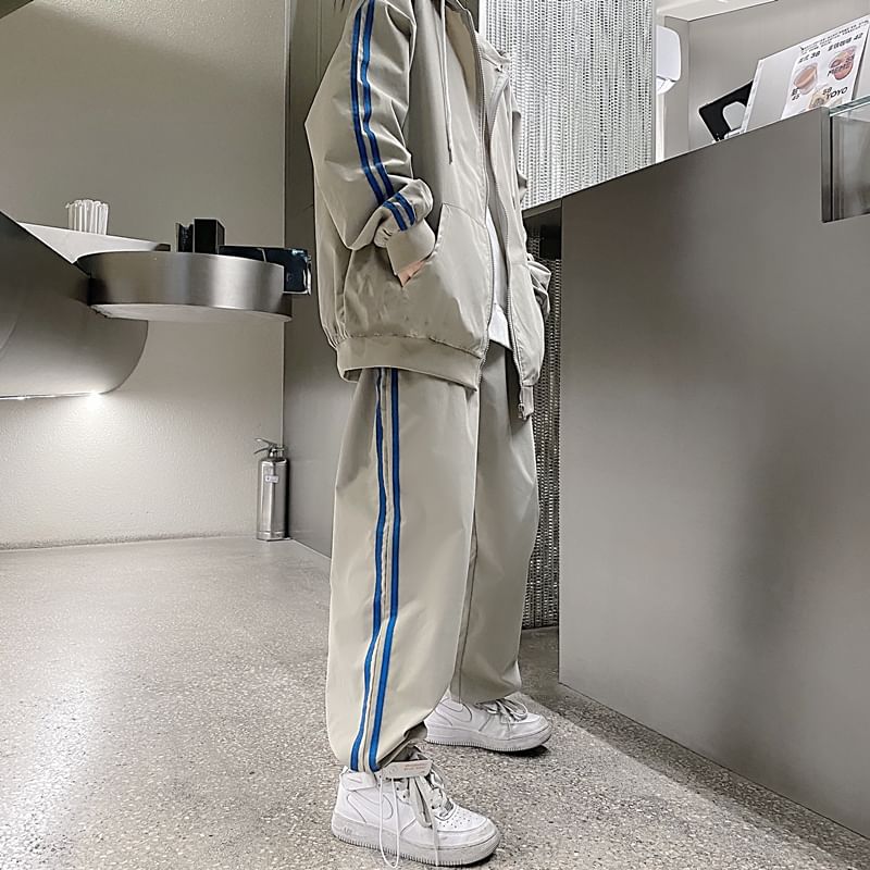 MELLO - Set: Gestreept jack met capuchon en rits + Harembroek met hoge taille en trekkoord