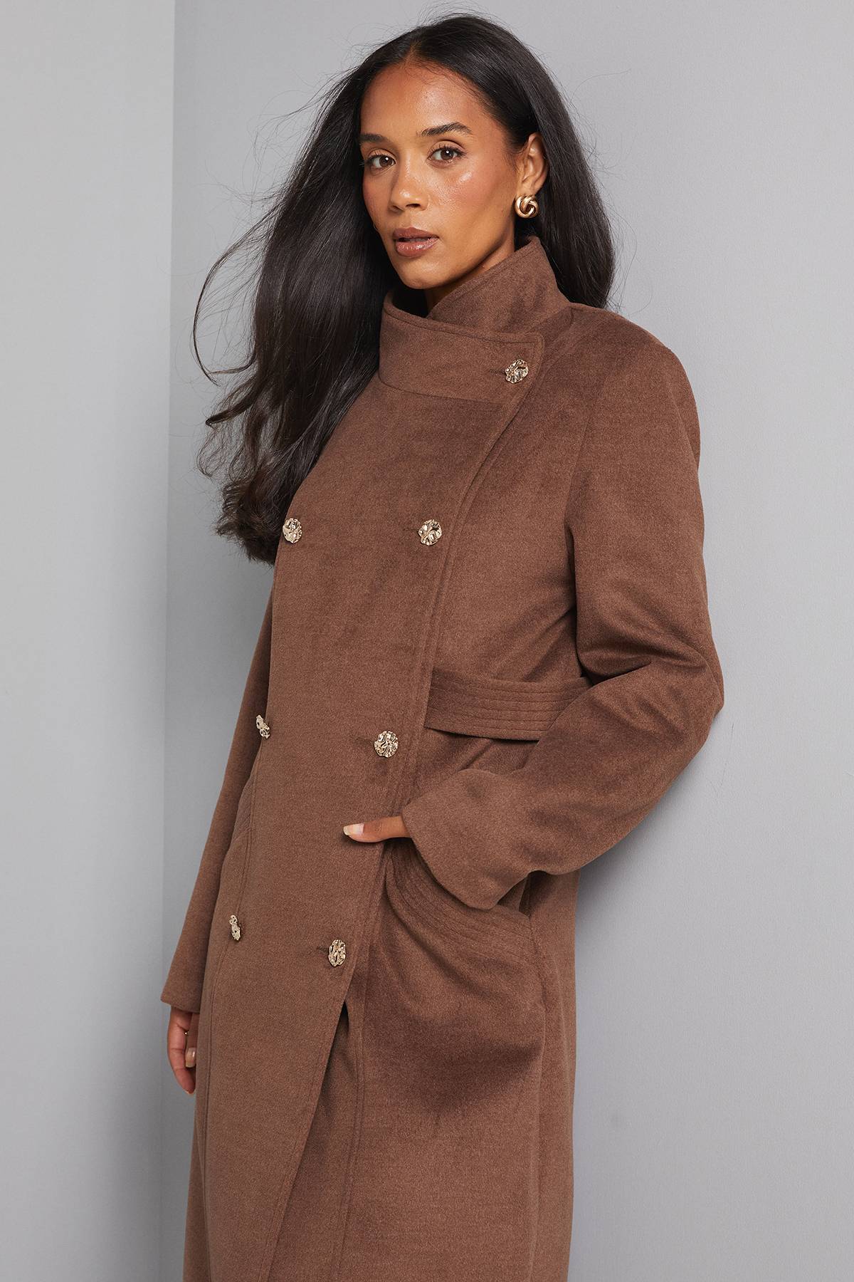 Wallis Manteau Long à Col Montant Double Boutonnage avec Détail Patte