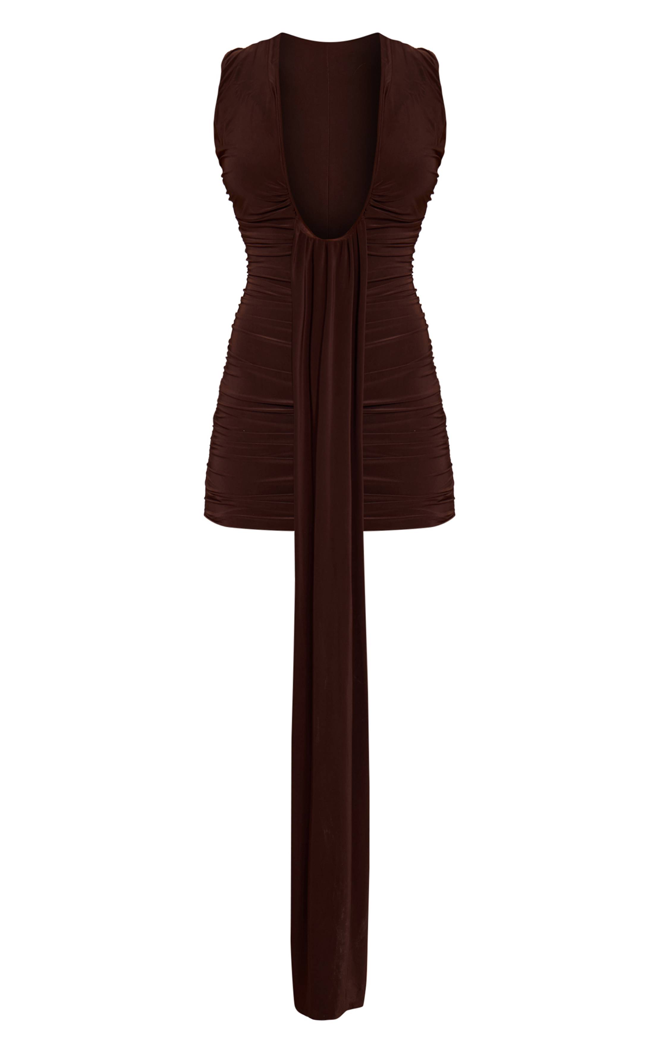 Chocolat Robe Mini Froncée À Décolleté Plongeant
