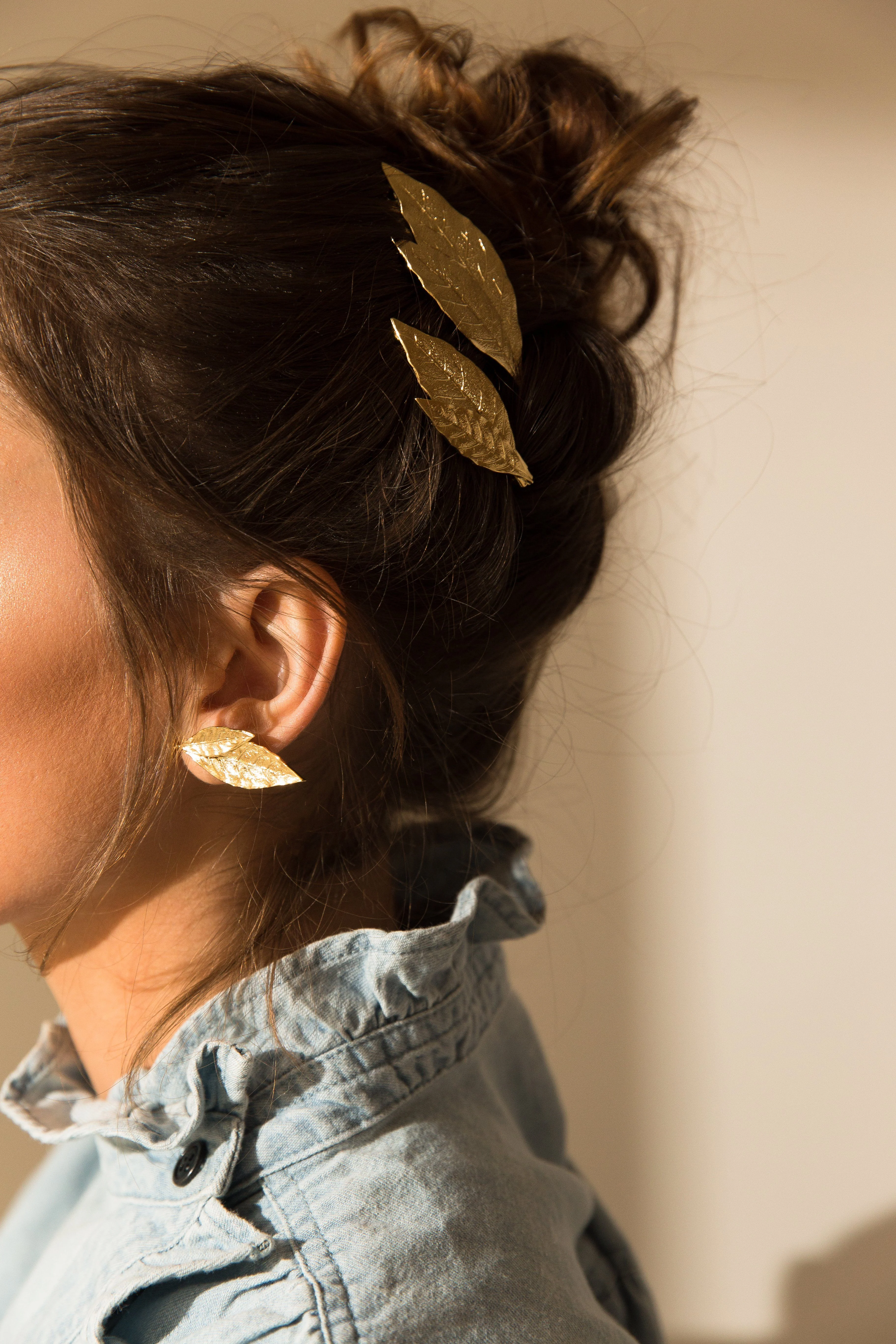 THALIE - Maxi boucles d'oreilles puces feuilles doré à l'or fin | Argent