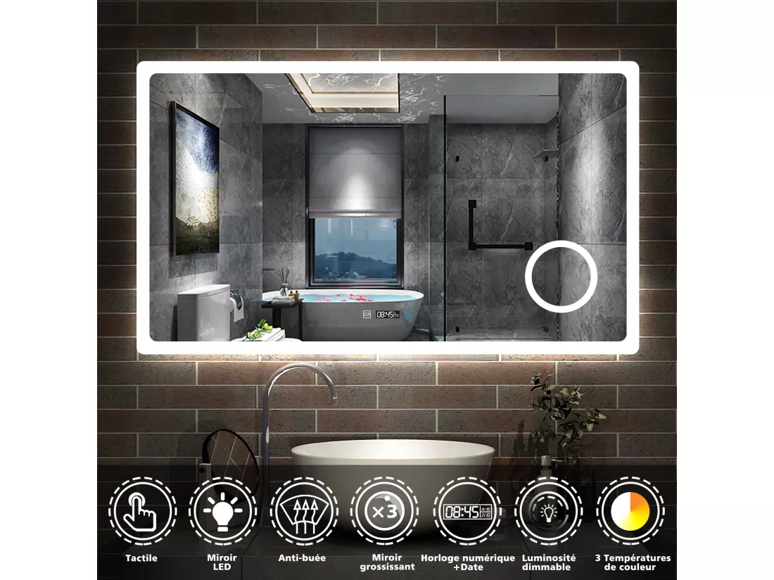 Miroir salle de bain 120x70cm avec 3 couleurs+dimmable+anti-buée+grossissant+Horloge Aica