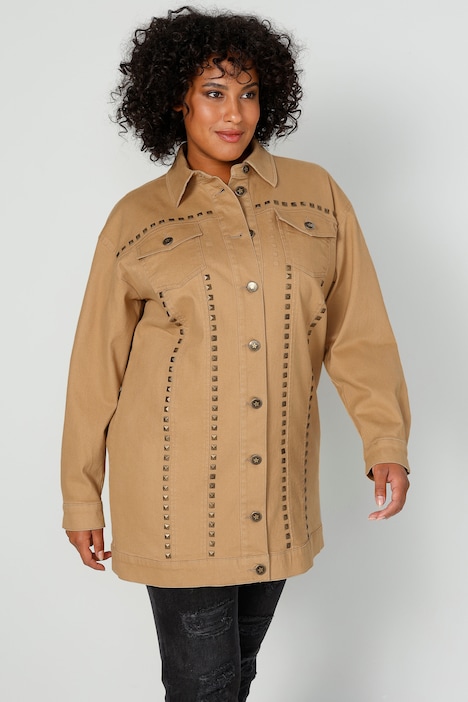 Longjacke, oversized, Ziernieten, Rücken-Stickerei, Langarm