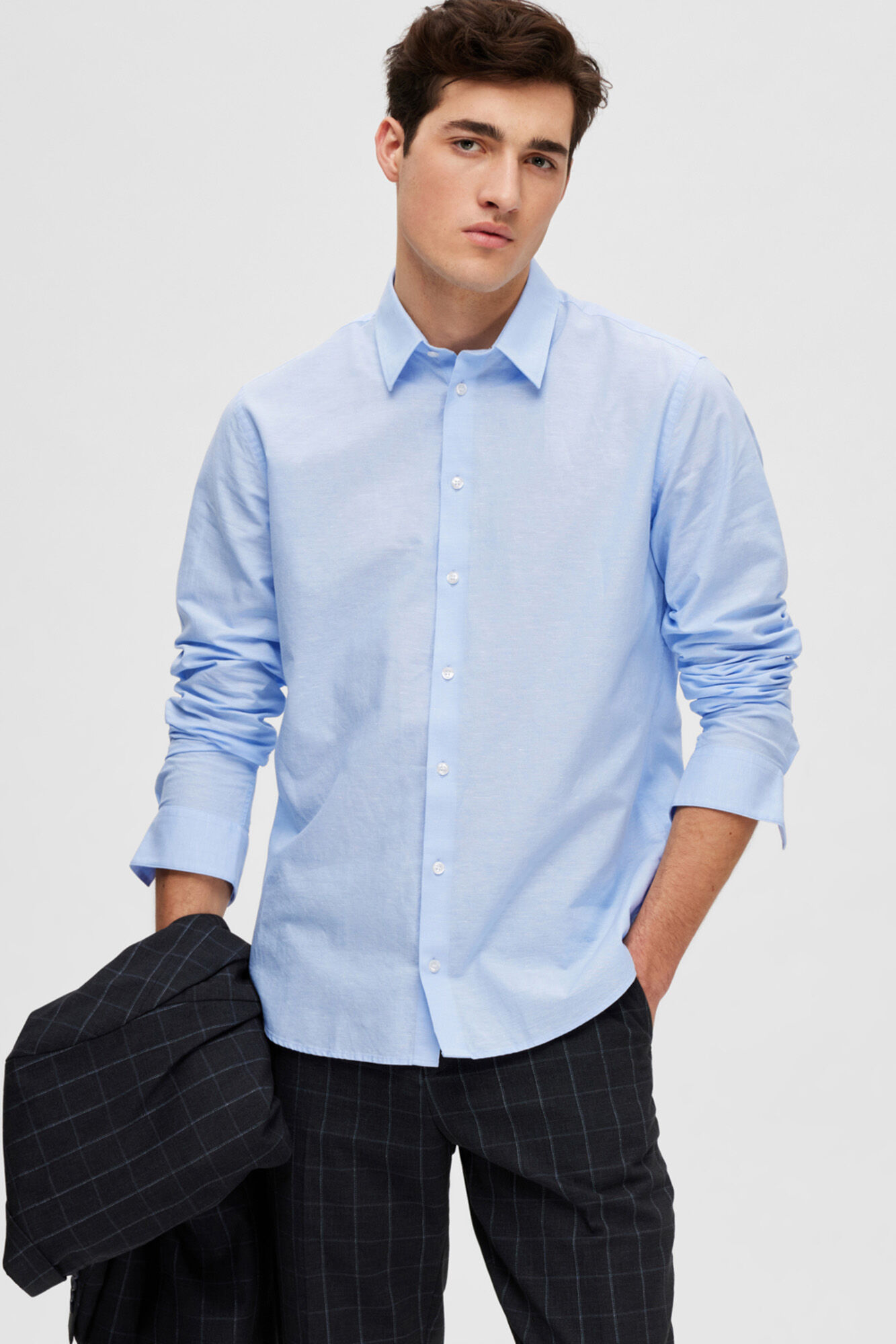 Camisa de manga comprida em linho e algodão orgânicos. - Azul