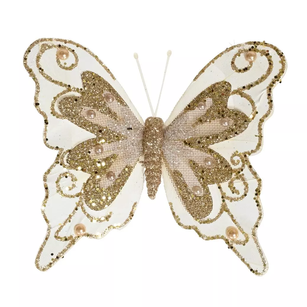 Lot de 3 papillons (H12 cm) Perles de rocaille Champagne