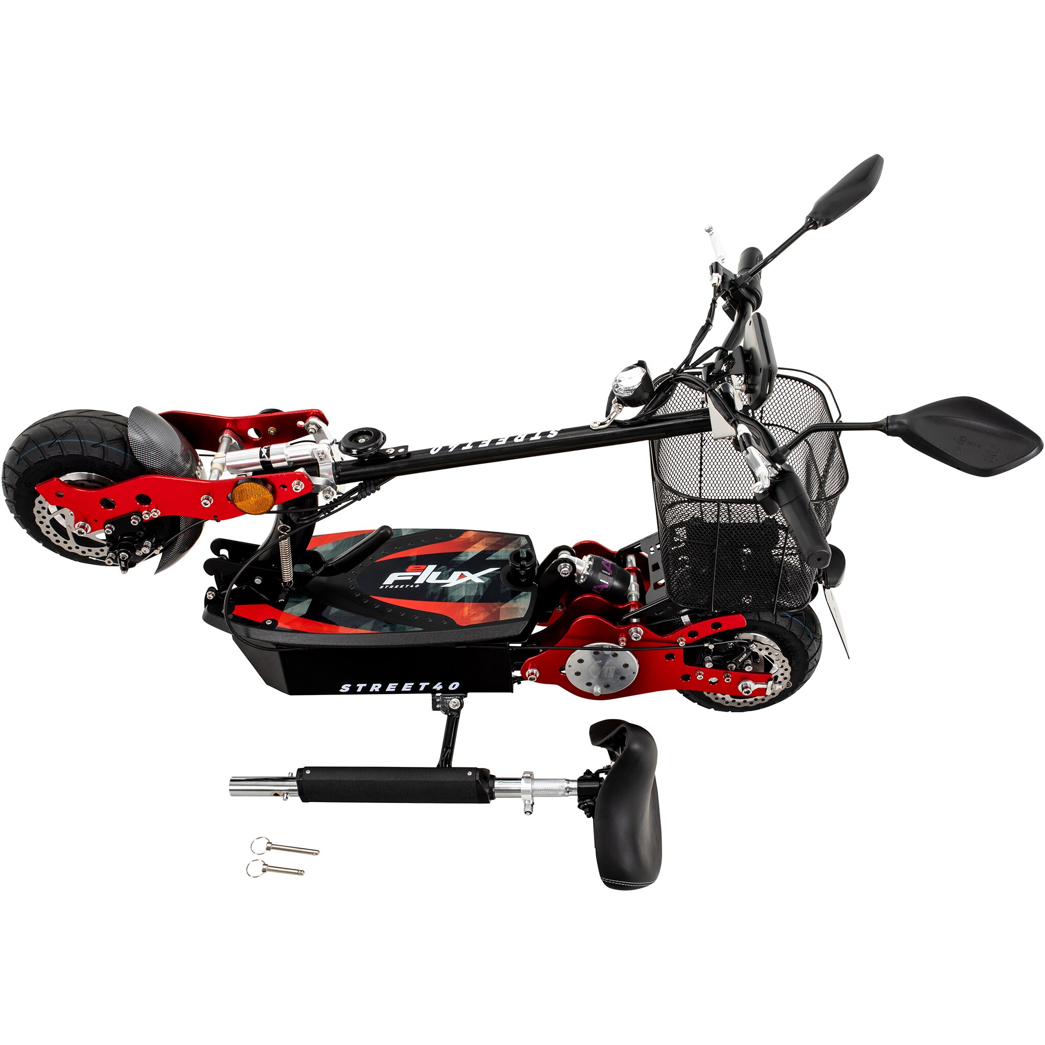 eFlux Street 40, E-Scooter mit Straßenzulassung, 35 km/h, 800 Watt, mit Sitz, Gepäck-Korb, klappbar (Schwarz)