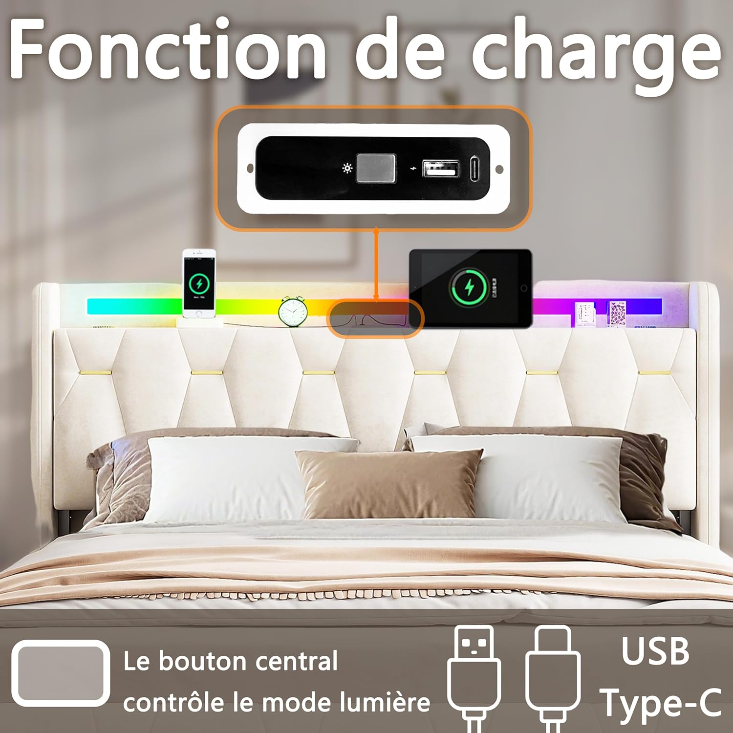 Bett 160x200cm, Samt Polsterbett mit Stauraum, Bluetooth-Lautsprecher, LED-Beleuchtung & USB/Type-C-Anschlüssen, Plattformbettgestell mit 4 Schubladen und Holzlatten, Beige