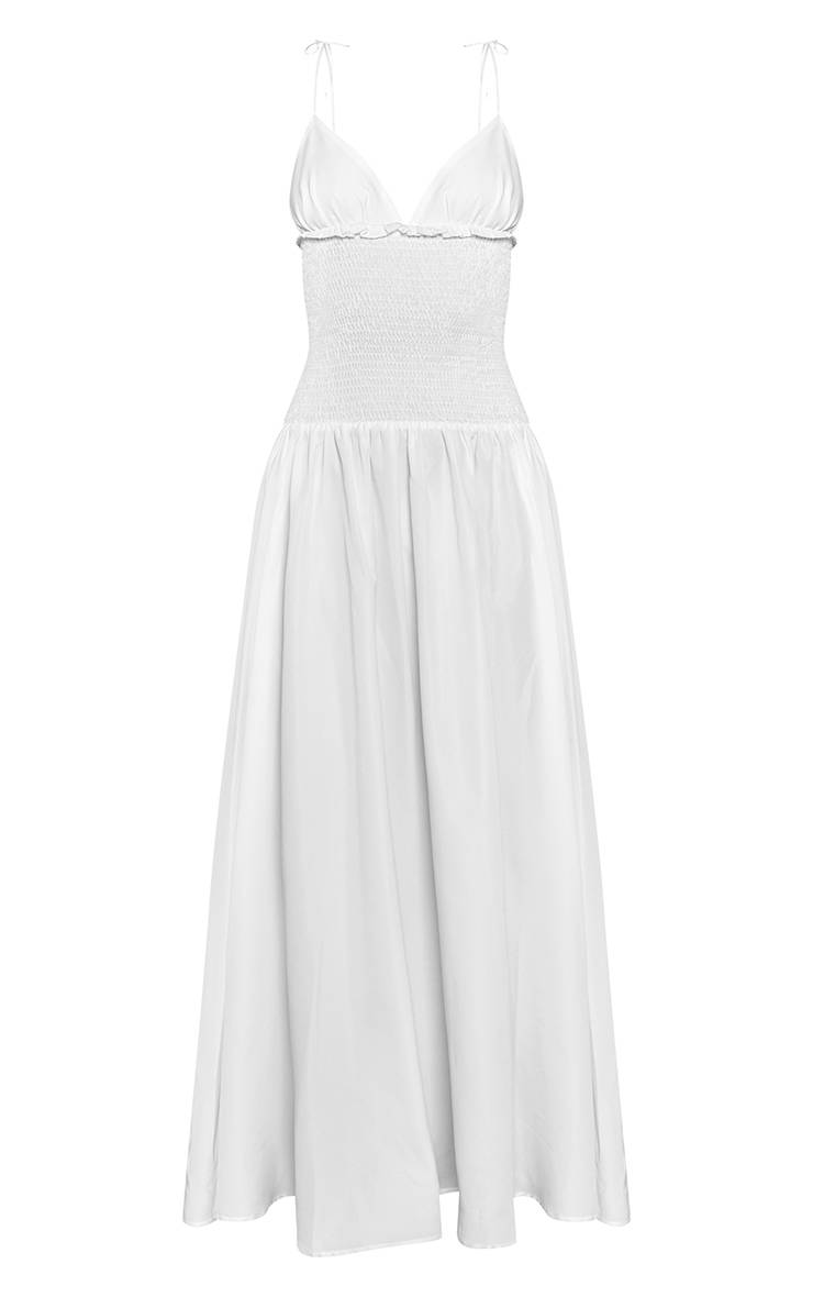 Blanc Robe Longue Tissée À Bretelles Avec Taille Froncée