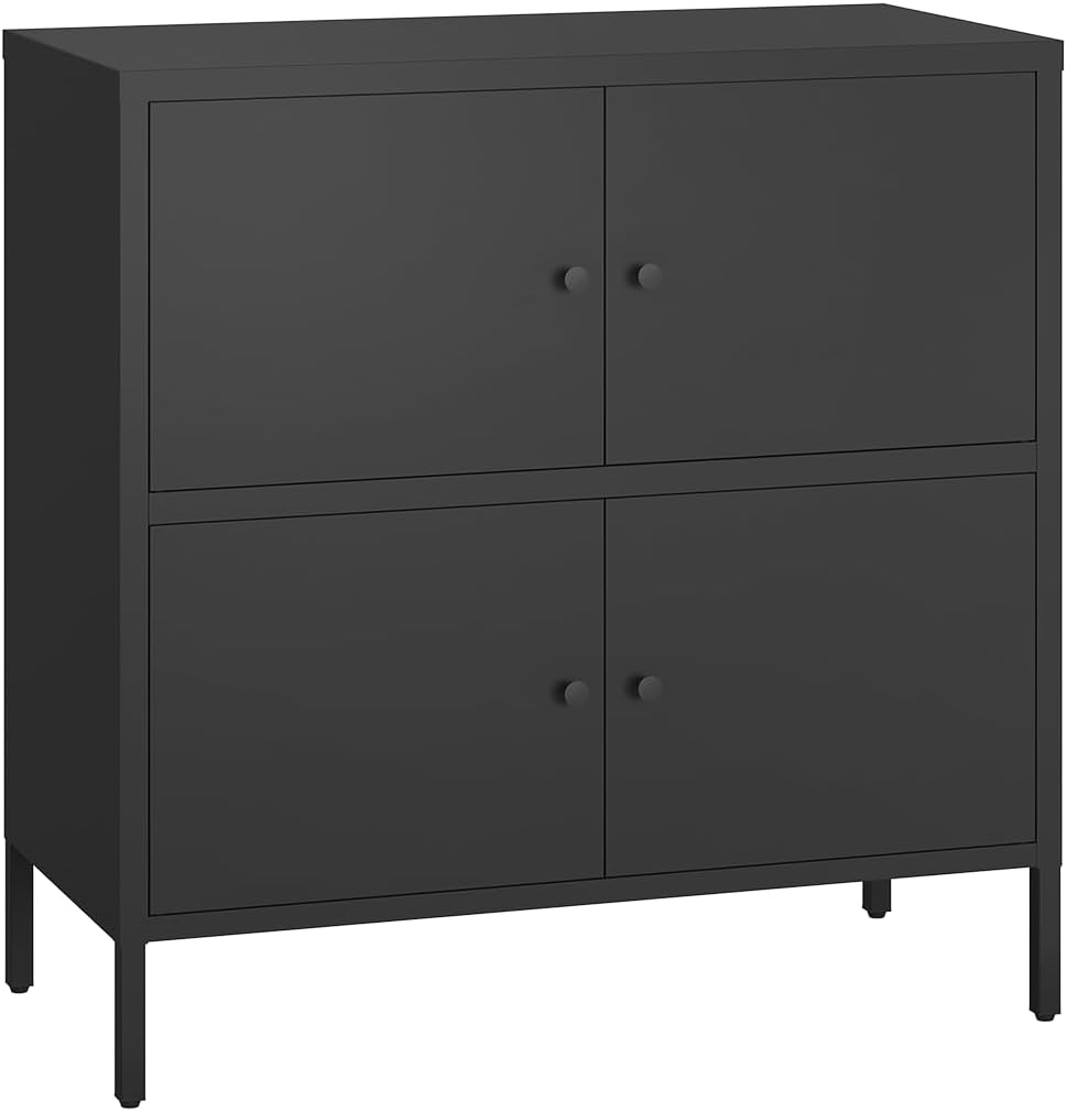 skølm Atriona Metall Kommode – Sideboard mit 2 Fächern & 4 Türen – Metallschrank in Schwarz – Kleiner Mehrzweckschrank 80 cm breit – höhenverstellbare Füße – Aufbewahrungsschrank – Wohnzimmerschrank