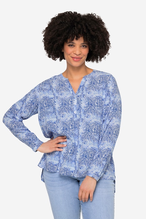 Bluse, Alloverdruck, Tunika-Ausschnitt, Langarm