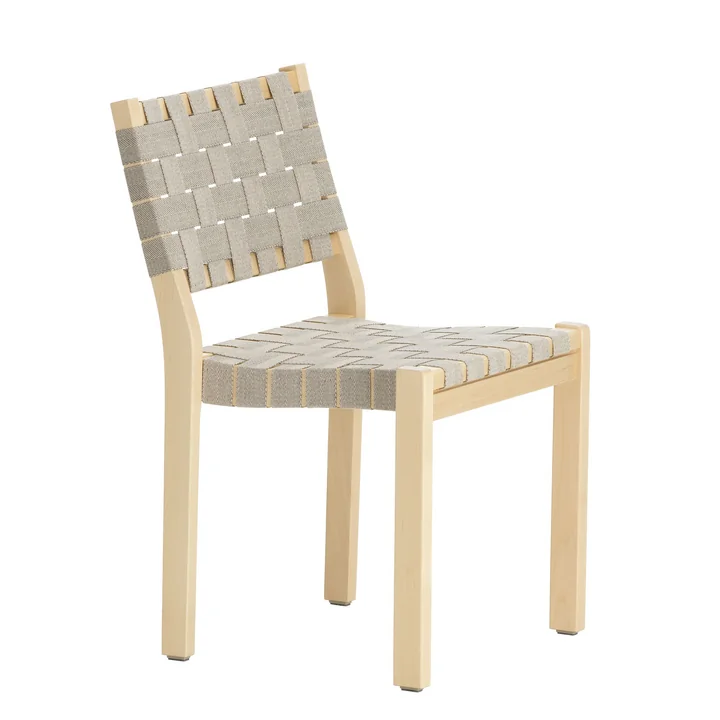 Artek - Stuhl 611, Birke klar lackiert / Leinengurte schwarz