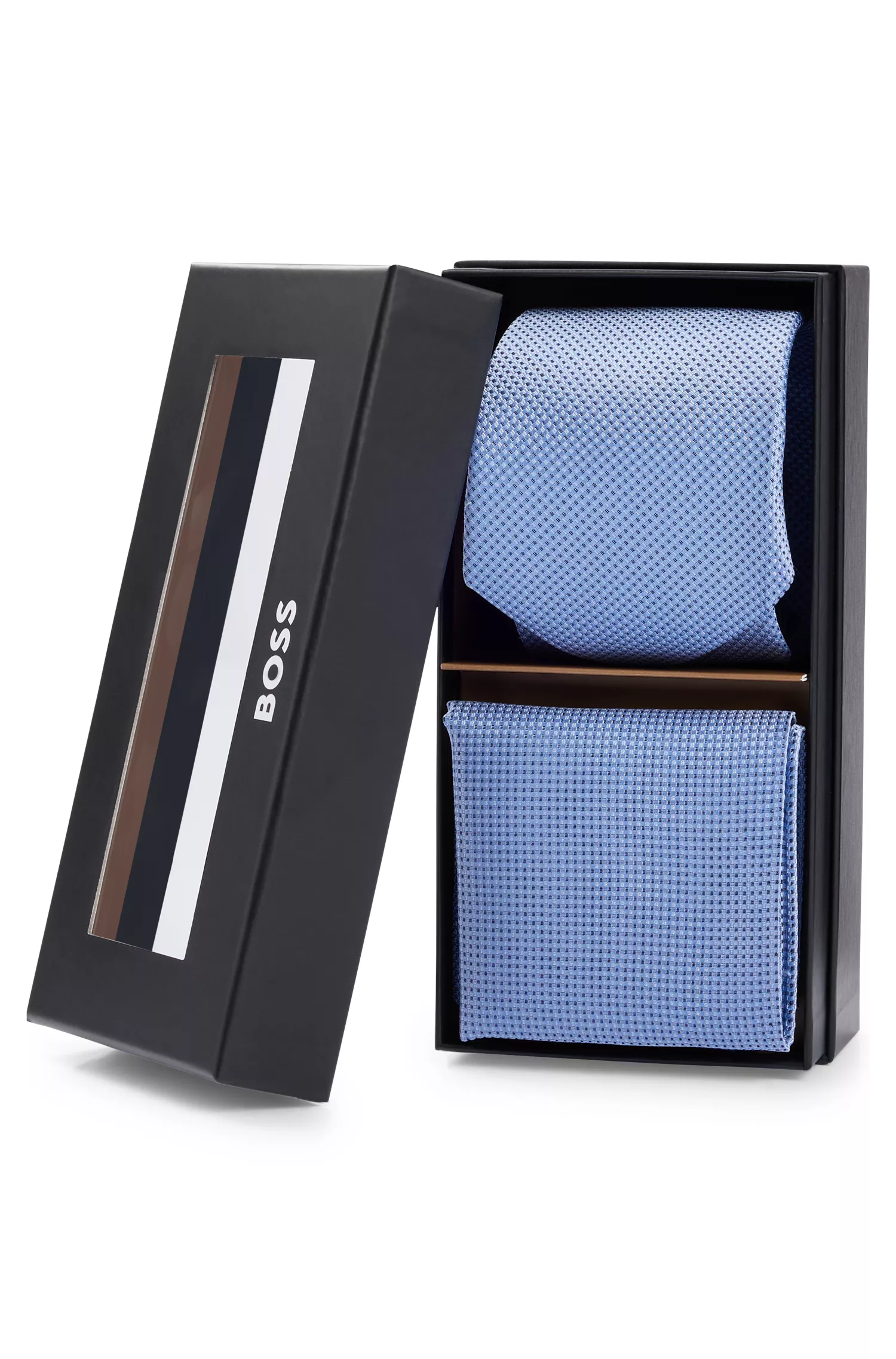 Conjunto BOSS de lenço de bolso e gravata em seda preta com microestampa.