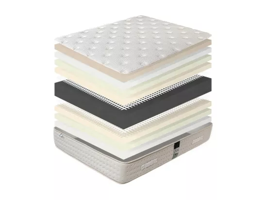 Matelas Purlux, 26cm, latex, indépendance du couchage, face été/hiver + Oreiller + Couette, 160x200cm