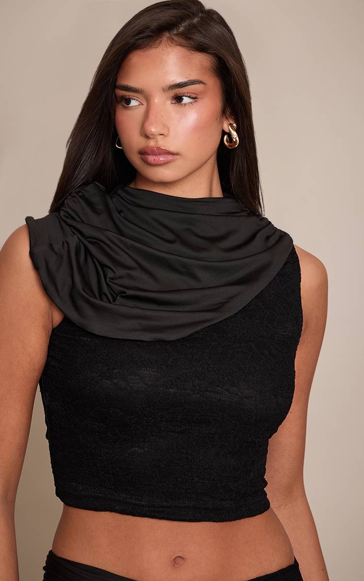 Noir Top Court Cape Froncé En Dentelle Slinky