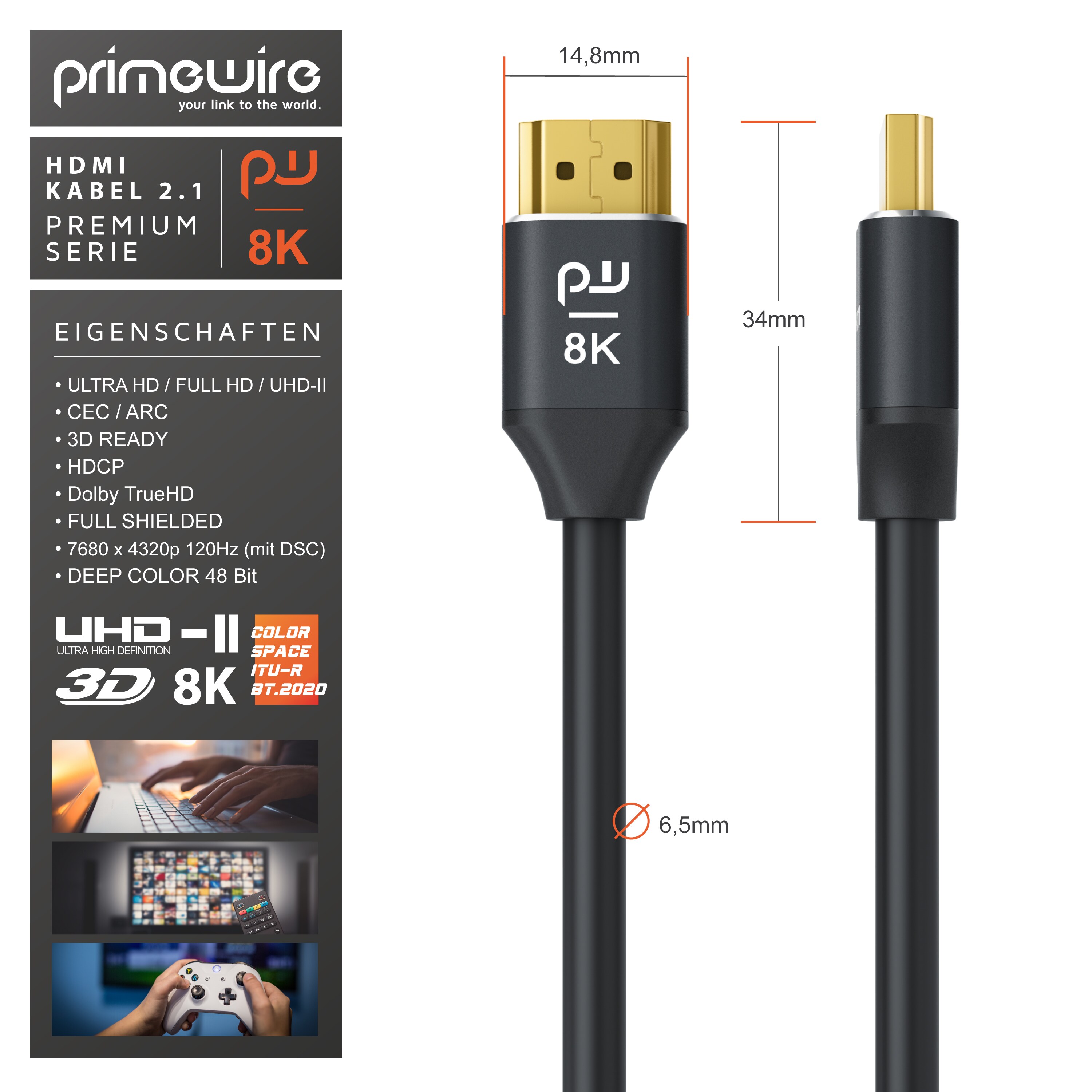 Primewire 8K Premium HDMI Ultra High Speed Kabel 2.1, 7680 x 4320 @ 120 Hz mit DSC - 3m