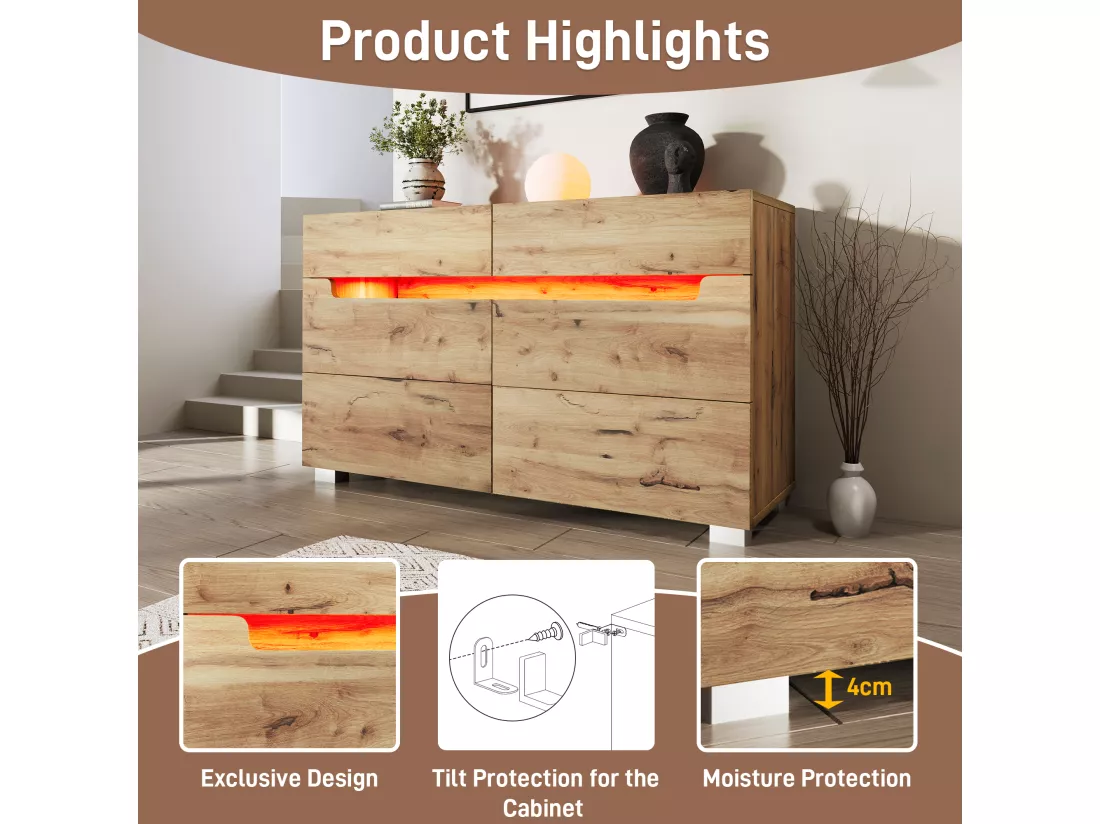 Commode avec LED - 6 tiroirs - effet brillant - Naturel