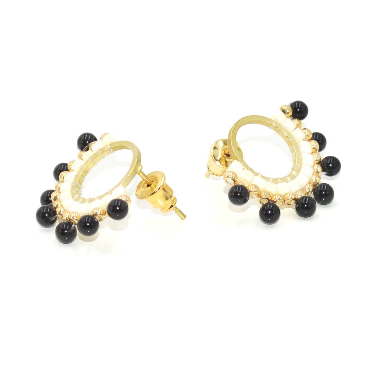 Boucles d'oreilles puces perles tisssées mains miyuki/Onyx-Doré à l'or fin