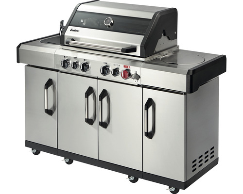 Enders Kansas II Pro 4 SIK Profi Turbo gasbarbecue, 153 x 64 x 118 cm, 4 branders + achterbrander + zijbrander, zilverkleurig, inclusief dekselthermometer, vetopvangbak, grillrooster, krachtige verwarmingszone, warmhoudrek, zijplateau.