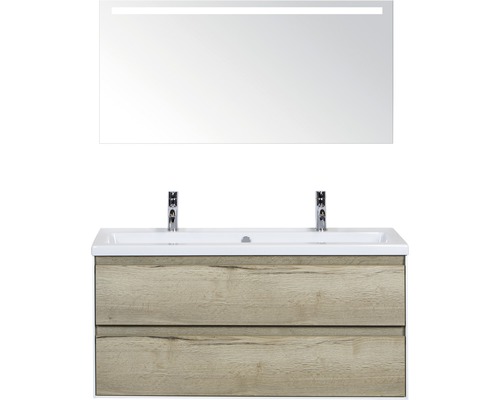 Evora badkamermeubelset 120 cm met keramische wastafel, 2 kraangaten en spiegel met ledverlichting, eiken naturel