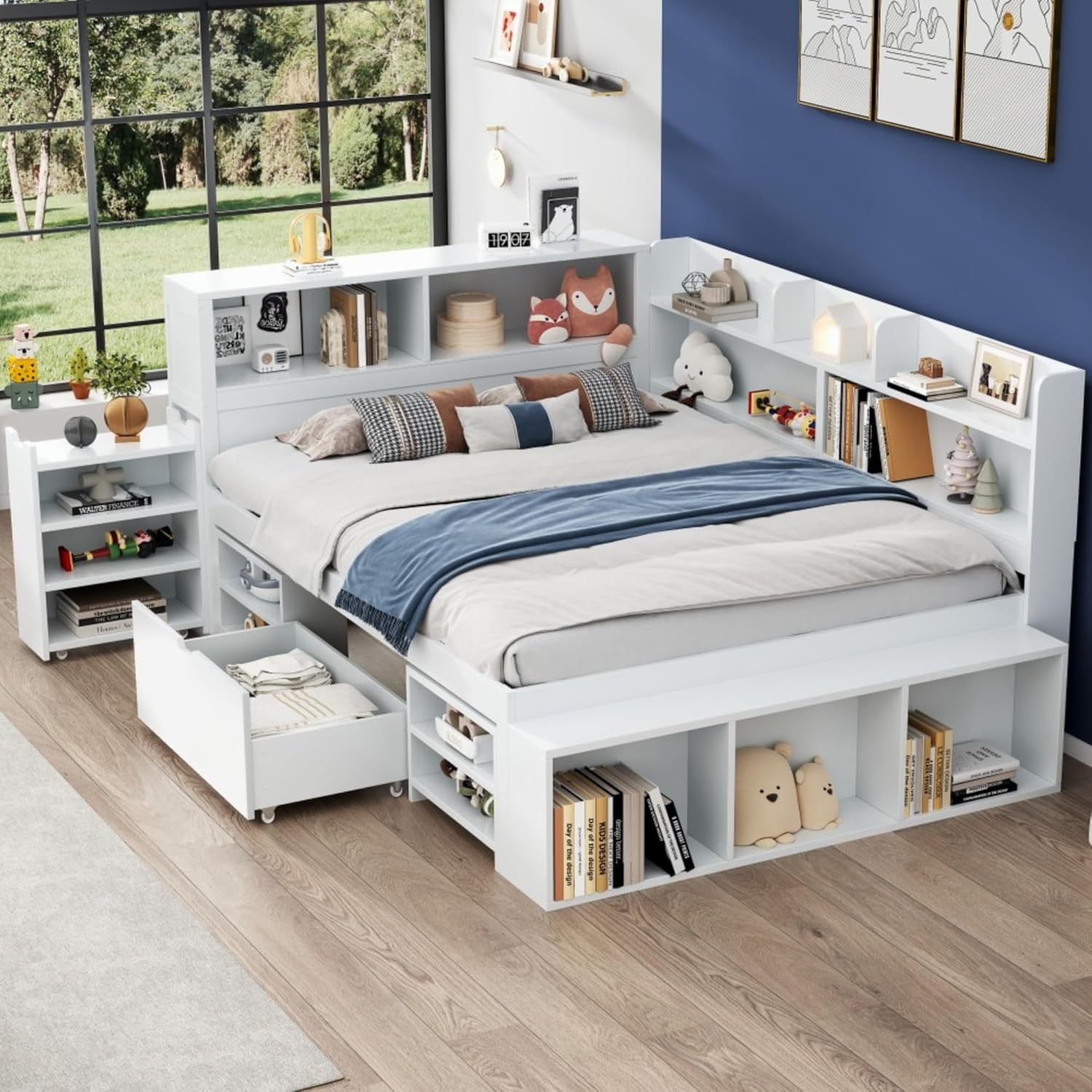 Kinderbett, 140x200 cm, Doppelbett, multifunktionales Kinderbett mit Schubladen, Bücherregal und Stauschrank, großer Stauraum, Lattenrost, ohne Matratze, weiß