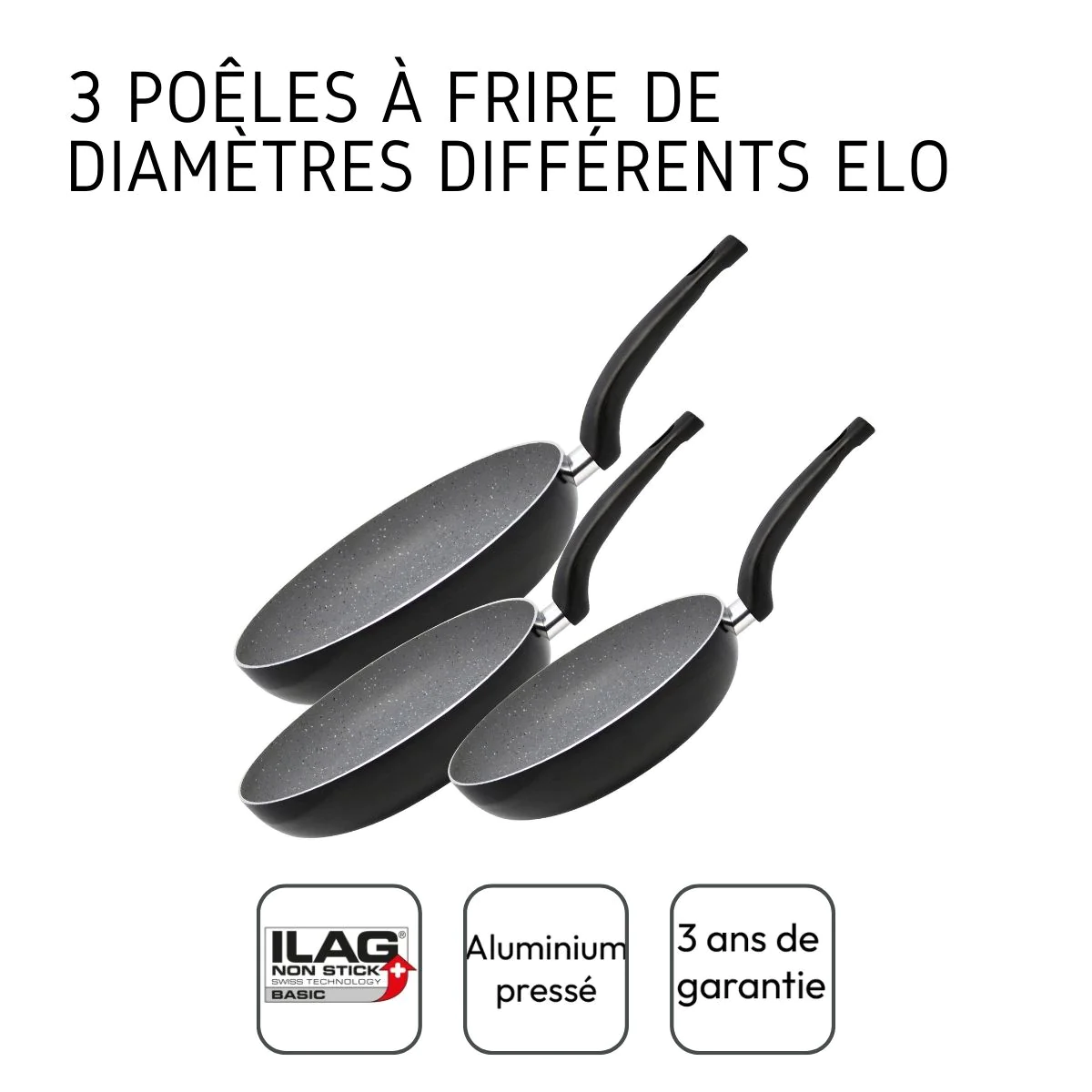 Set de 3 poêles à frire 20 cm + 24 cm + 28 cm Dolomit Elo
