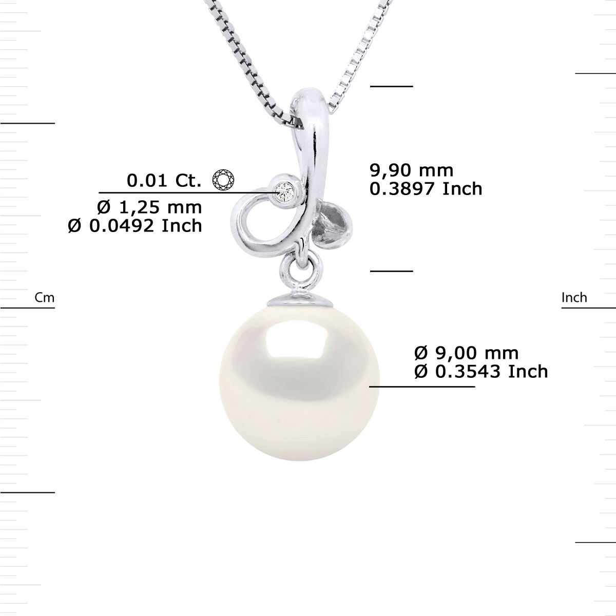 Pendentif TRIPLE NOEUD - Véritable Perle de Culture d'Eau Douce Ronde 9-10 mm - Blanc Naturel - Or Blanc