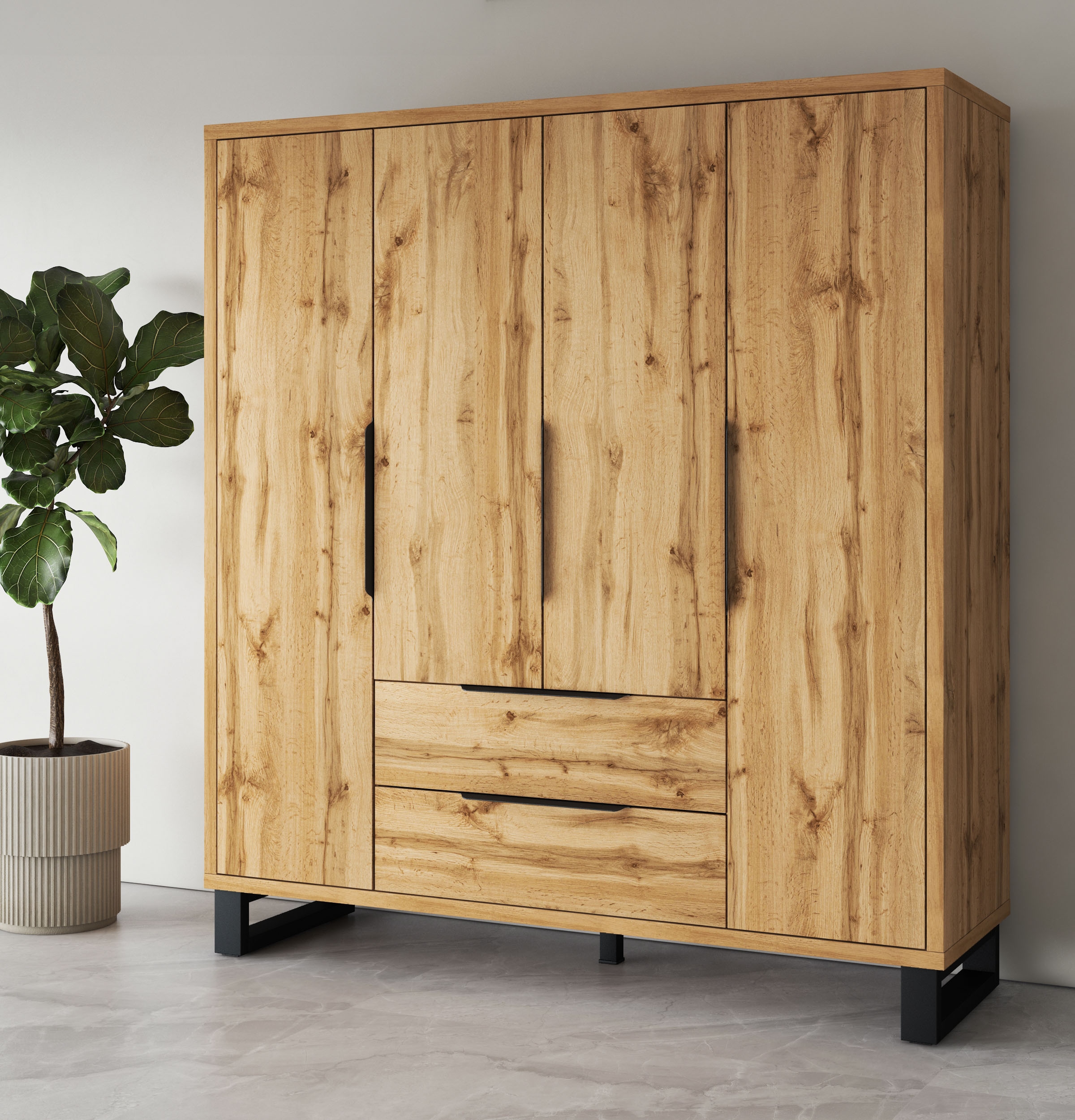 Home affaire Drehtürenschrank »Bronne,Breite 191 cm, Wäscheschrank inclusive Innenausstattung« Kleiderschrank, 2 Schubkästen, Metallgriffe, Garderobe