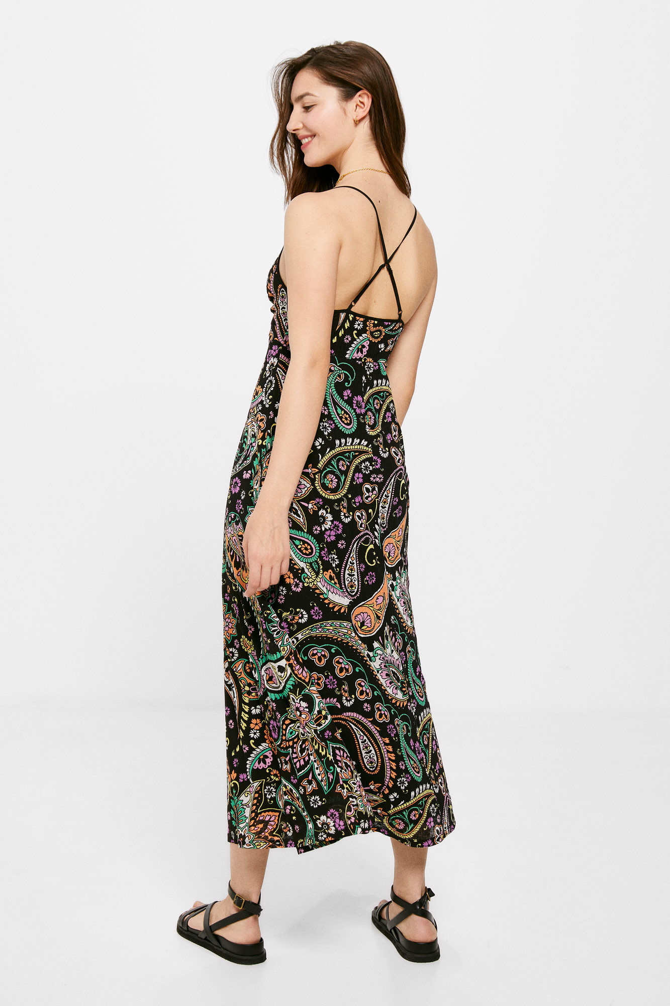 Vestido midi com gola estampada
