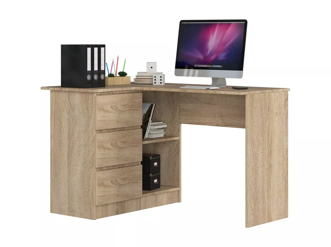 Bureau AKORD d'angle gauche B16 Chêne Sonoma 124 cm 3 tiroirs façade Chêne Sonoma 2 étagères 124x85x77 cm