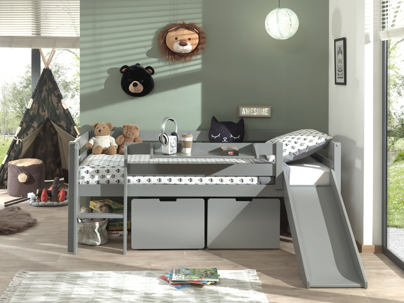 Kojen-Spielbett - grau - Schubkästen - Regal - Rutsche - 90x200 cm