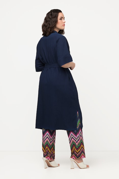 Midikleid, Leinenmix, Hemdkragen, Gürtel, Halbarm