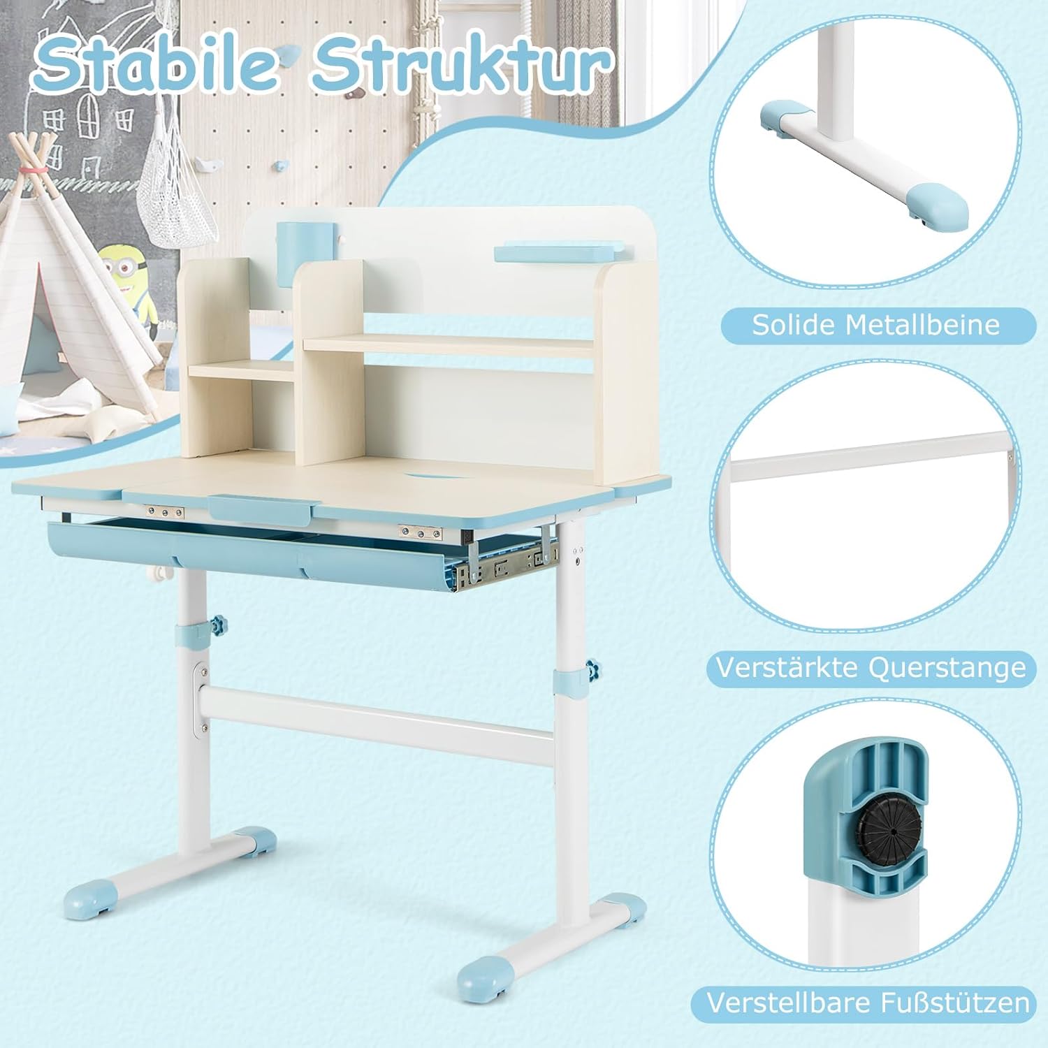 COSTWAY Kinderschreibtisch höhenverstellbar, Schreibtisch Kinder mit neigbarer Tischplatte, Regalen & Schublade, Jugendschreibtisch Schülerschreibtisch für 3-12 Jahre Kinder, 80 x 51 x 110,5cm (Blau)