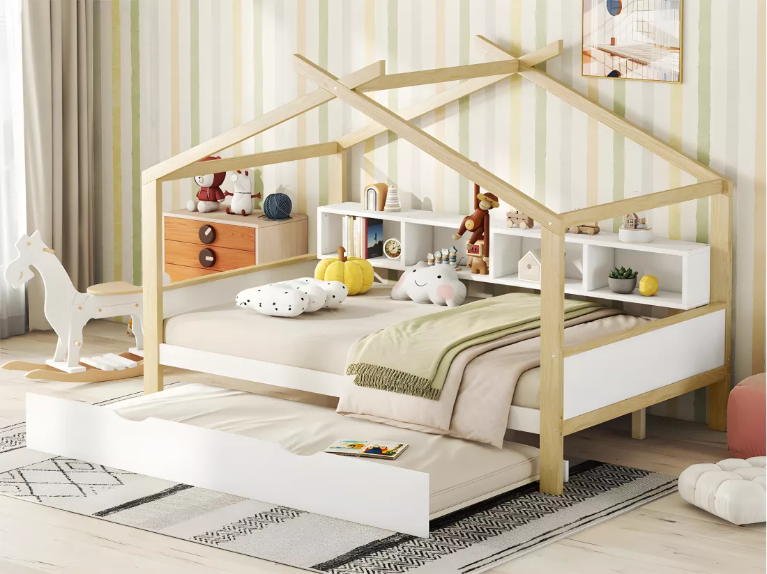 Lit enfant gigogne 140x200cm - 4 compartiments ouverts sur le lit - Blanc