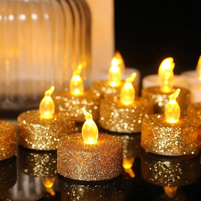 (24er Set) LED Glitzer Teelichter Deko Kerzen Home Stimmungsleuchte (inkl. LR41 Batterien) - Warmweiss / Gold