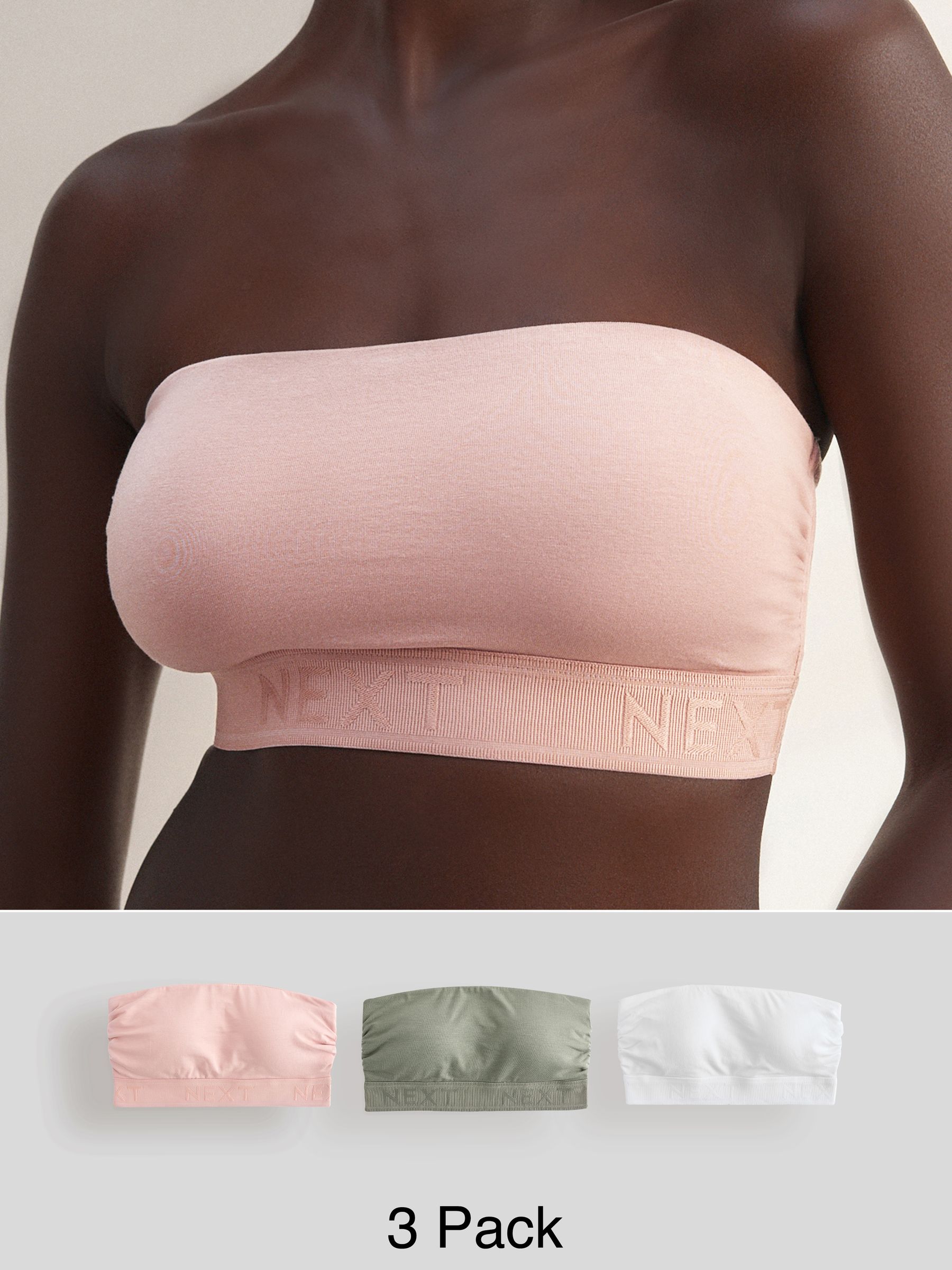 Wit/roze/kaki - Verpakking van 3 katoenrijke bandeau ultimate comfort beha's