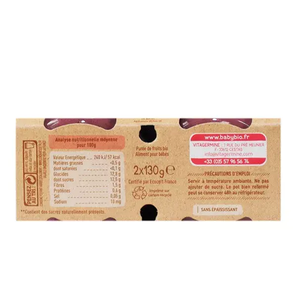 Babybio Fruits Pot Banane Fraise Menthe +6m Bio 2 x 130g