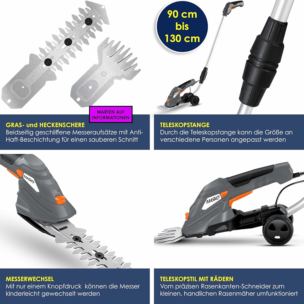 Masko® Cisaille à Gazon | Cisaille à arbustes + Gants, Set avec Batterie 7,2 V 2 000 mA/h et Chargeur | Taille-haie électrique de Jardin | Ciseaux à Gazon avec Lame à Herbe, Lame pour arbuste, Gris : Jardin