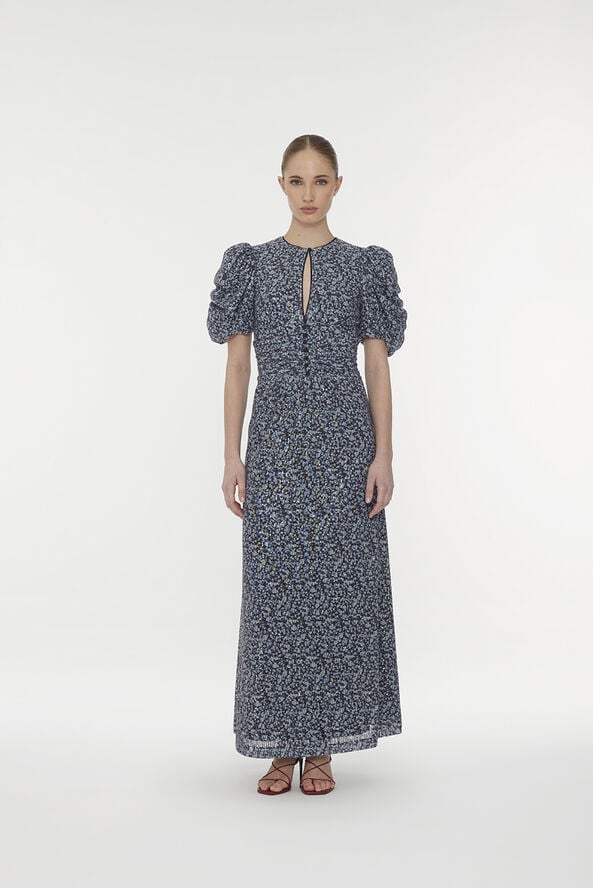 ROTATE Birger Christensen Puff Sleeve Sequin Dress Vibrant floral outline   purple pennant comb.
