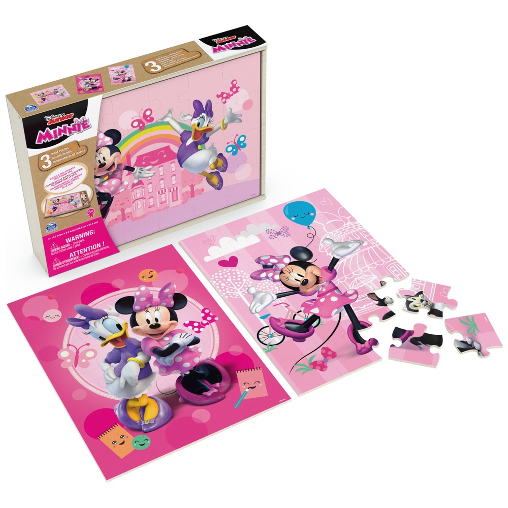 Minnie Maus Holzpuzzles, 3er-Pack in Holzaufbewahrungsschale, Sortiment