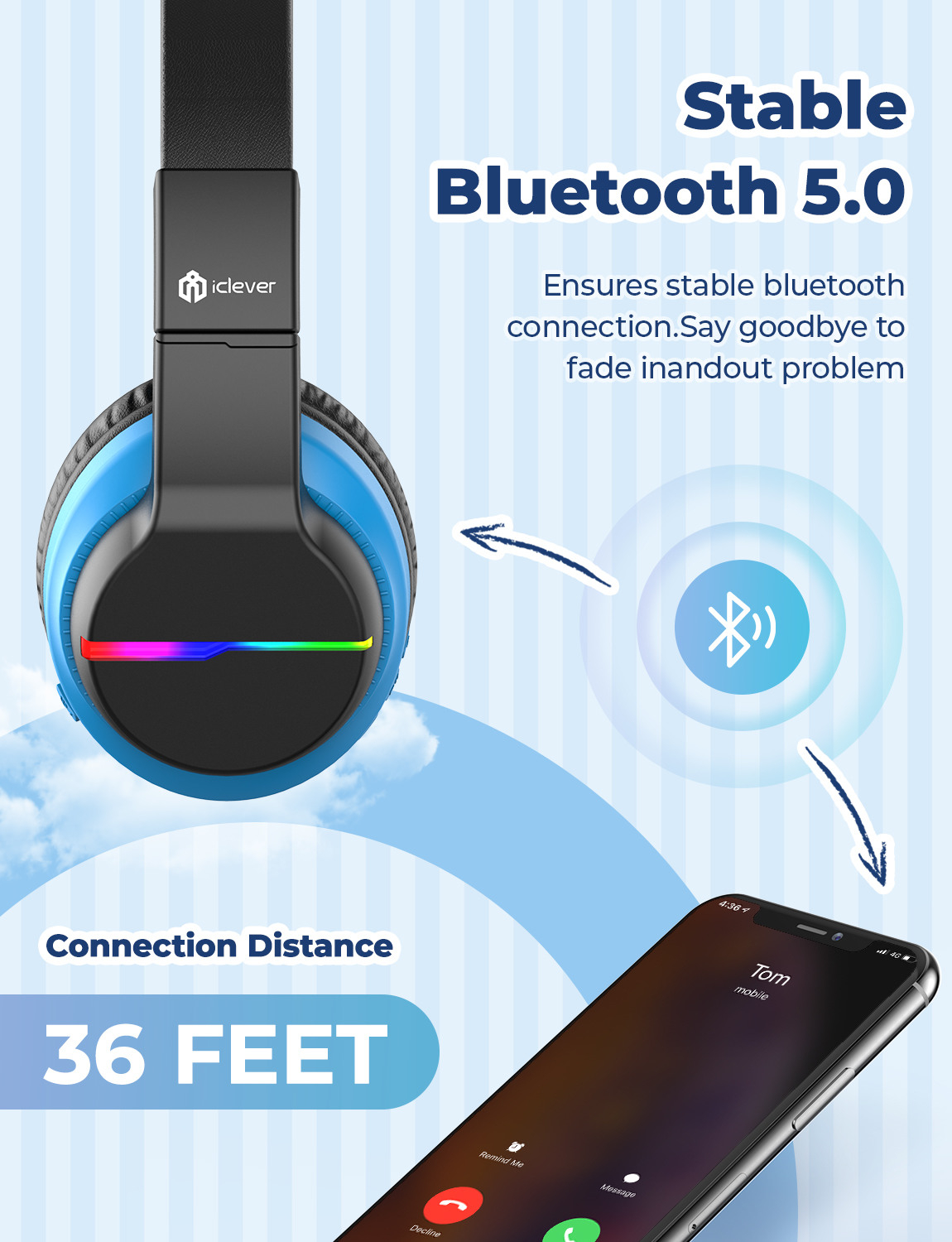 Headphone Kids BT LED Bluetooth Kopfhörer On-Ear 74/85/94dB Lautstärkeeinstellungen (C03-1702N-10) - Schwarz