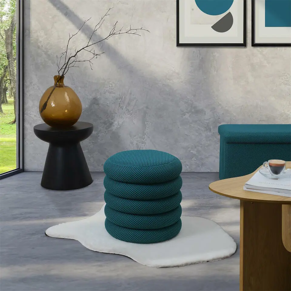 Home Deco Factory Poef/krukje - boucle - petrol - D37 x H44 cm