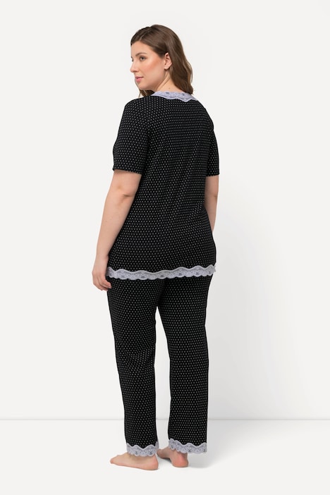 Pyjama, Punkte, Spitze, V-Ausschnitt, Halbarm