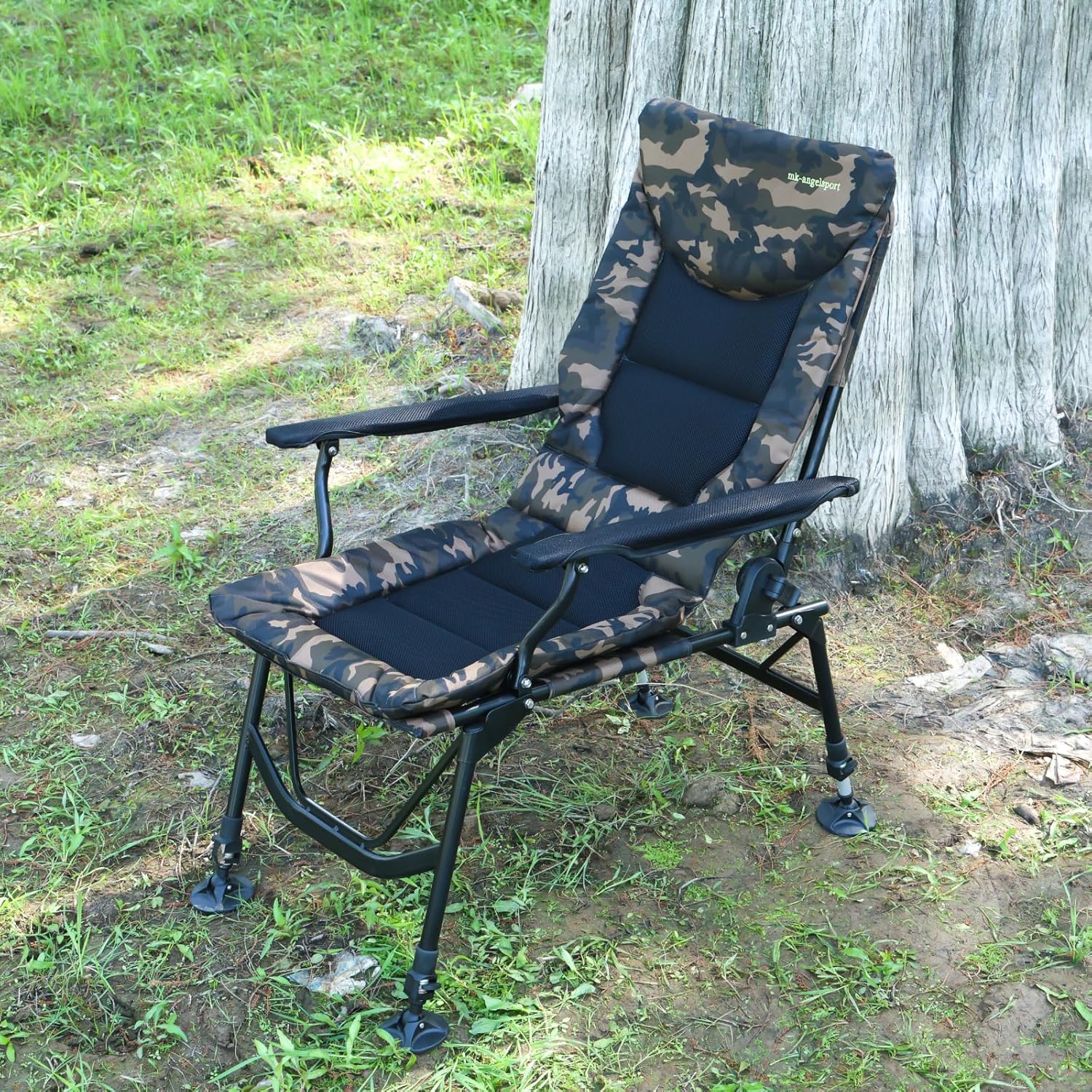 Angelstuhl XL 150kg belastbar, Karpfenstuhl mit Armlehnen, klappbar, bequemer Anglerstuhl mit Armlehne und verstellbarer Sitzhöhe (42cm bis 55cm), Camping Stuhl inkl. extra breiter Sitzfläche