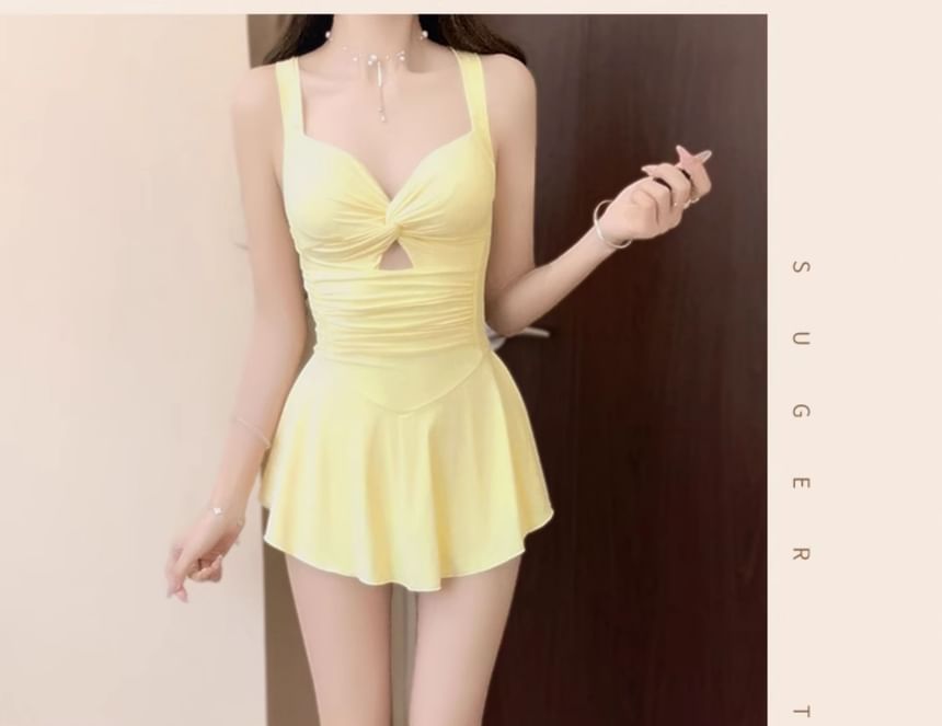 Kansen - Sweetheart Neck Plain Cutout Twist Swimdress / Plain Cover Up Jacket / Set
