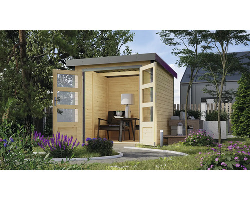 Karibu Metalwood tuinhuis, plaatstaal, stofgrijs, 228,4 x 236,5 cm, naturel