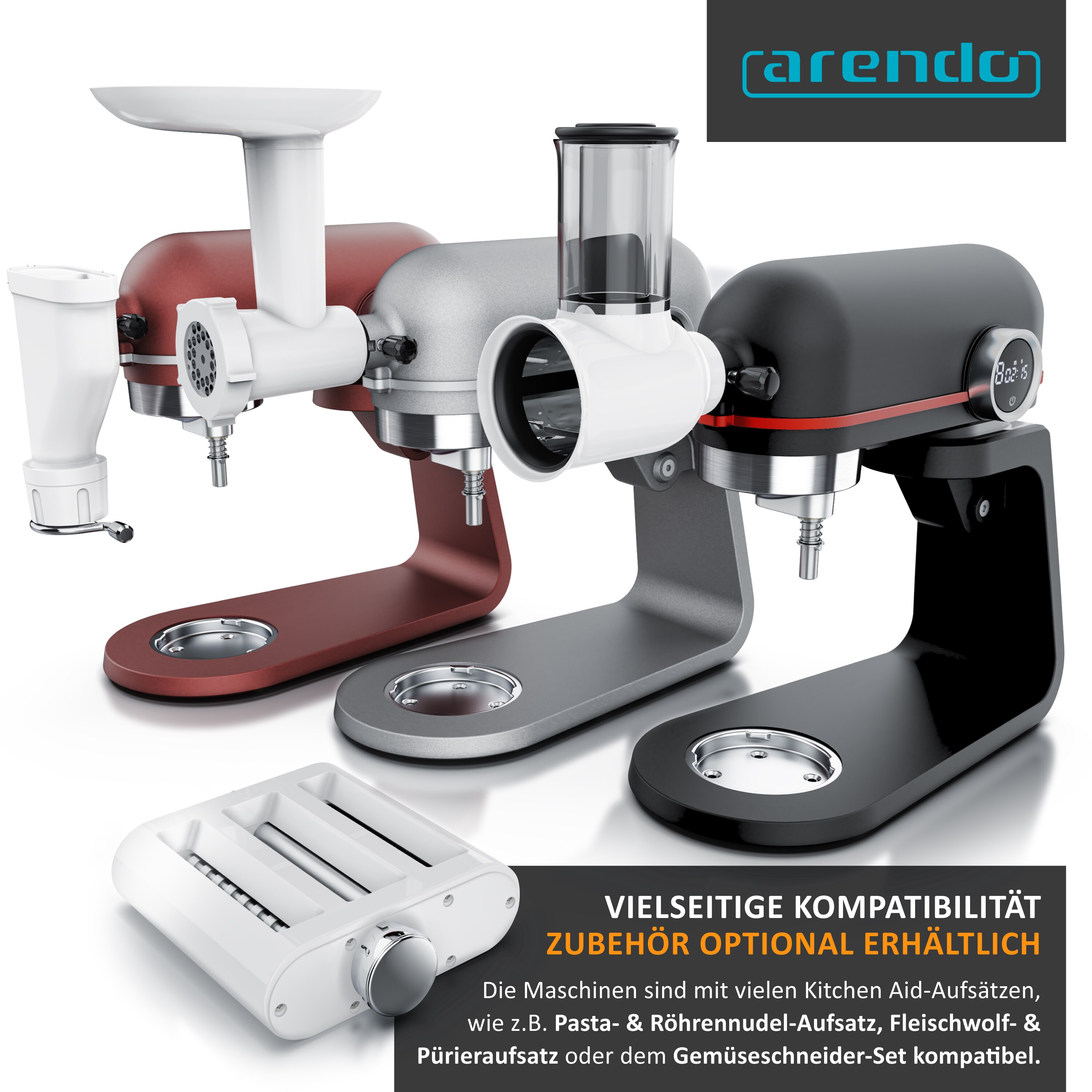 Arendo Küchenmaschine 800W mit Display, 8 Geschwindigkeitsstufen, 5l Edelstahl-Rührschüssel, inkl. 3 Rührwerkzeuge, Rot