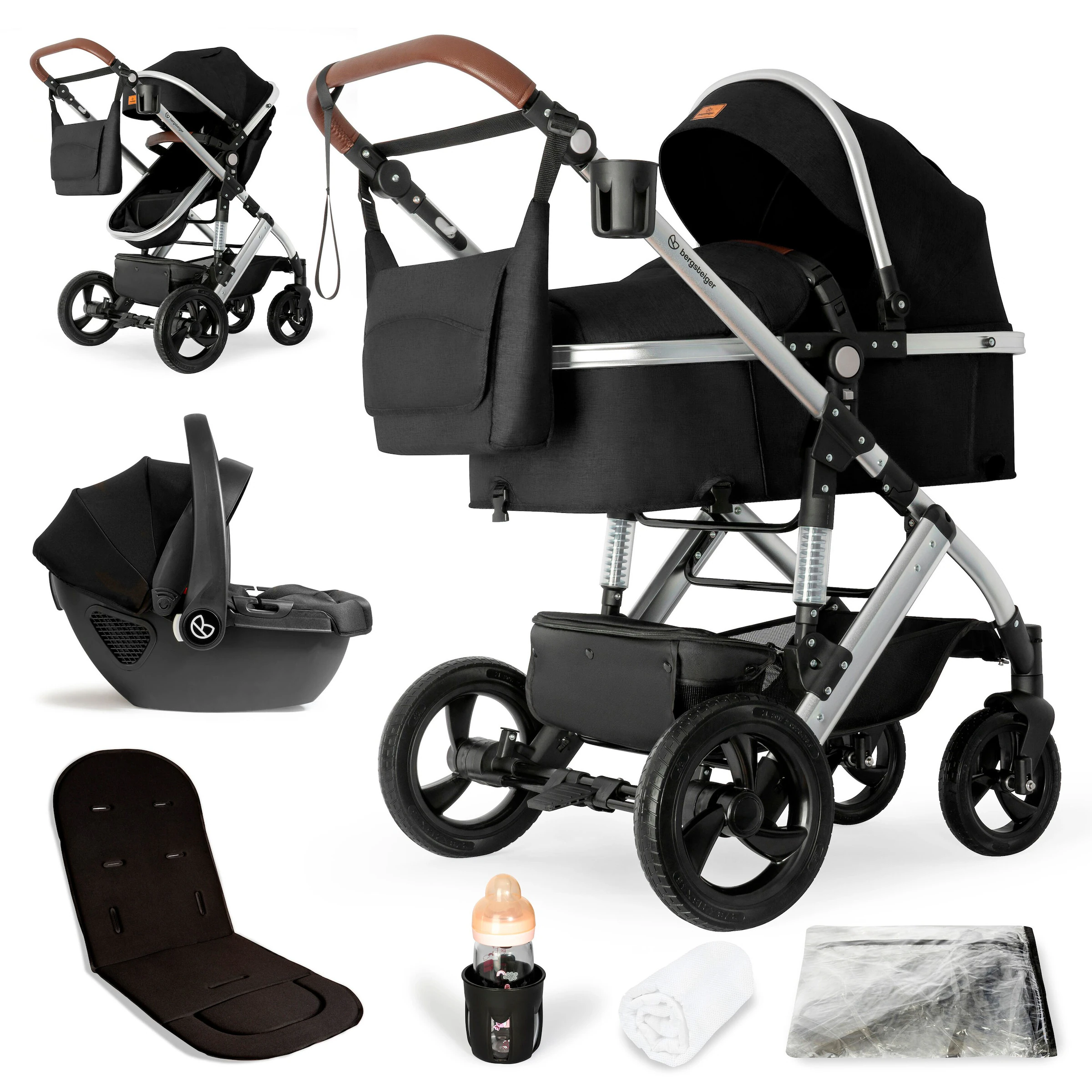 Bergsteiger Kinderwagen Nizza + Babyschale black | Gestell: silver