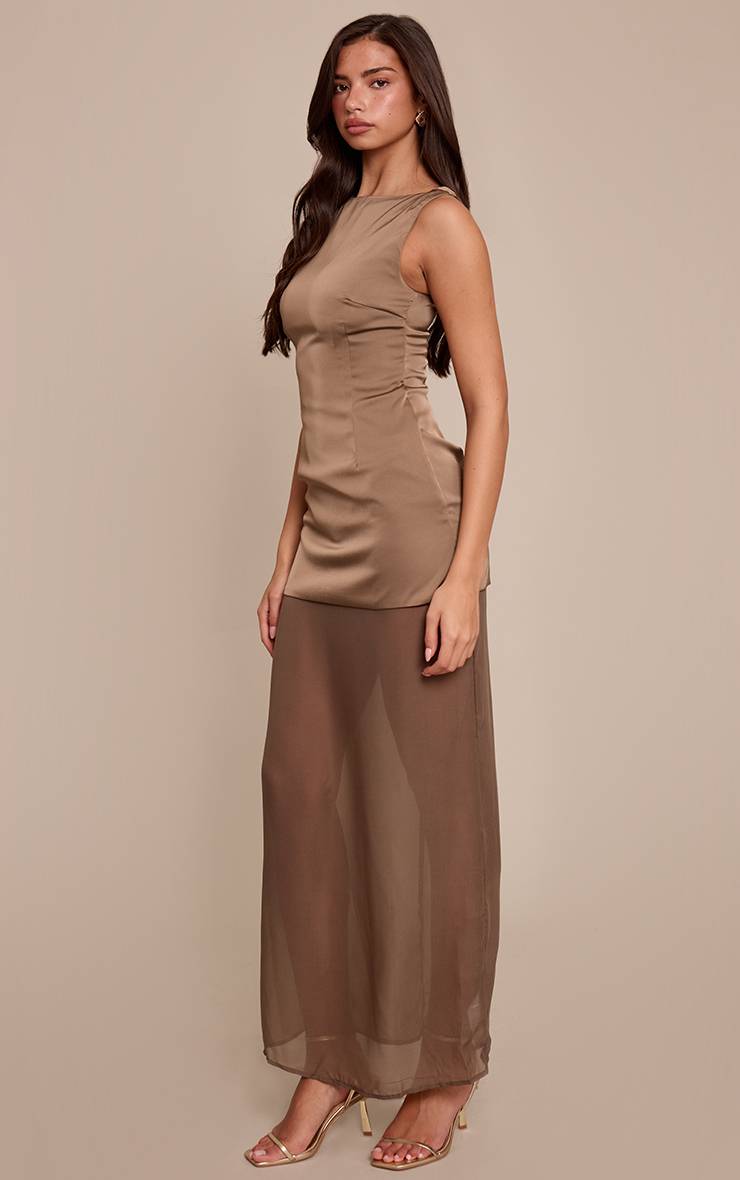Taupe Robe Maxi Moulante En Satin Avec Ourlet En Mousseline