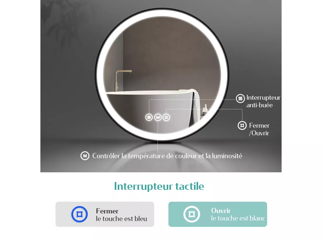 EMKE Miroir lumineux salle de bain rond diamètre 70cm cadre noir, Sangle réglable, Miroir LED, Interrupteur Tactile, Anti-buée, 3 couleurs Lumières