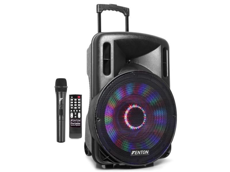 Fenton Lautsprecher FT15LED Aktiv Trolley-Speaker Aktive Multifunktionsbox mit Akku und Lichteffekt